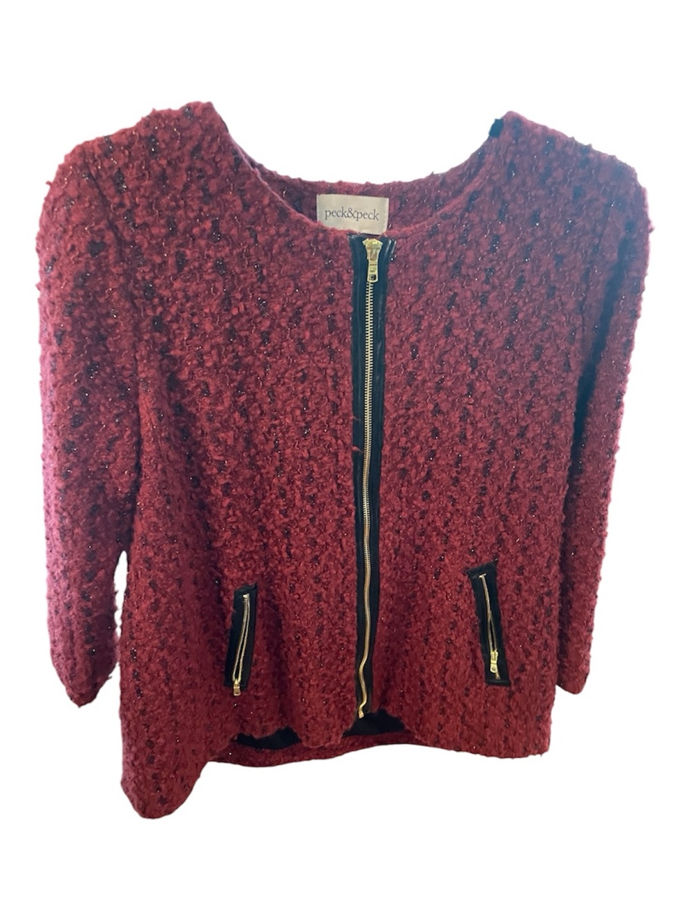 Peck & Peck Wine Red Bouclé Zip Jacket with Gold Accents